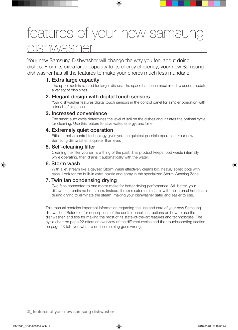 Features of your new samsung dishwasher | Samsung DMT800RHS User Manual | Page 2 / 32