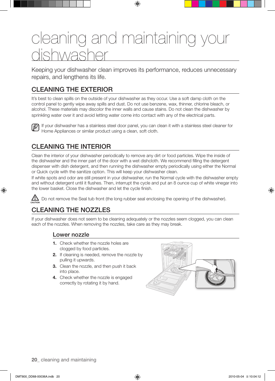 Cleaning and maintaining your dishwasher | Samsung DMT800RHS User Manual | Page 20 / 32