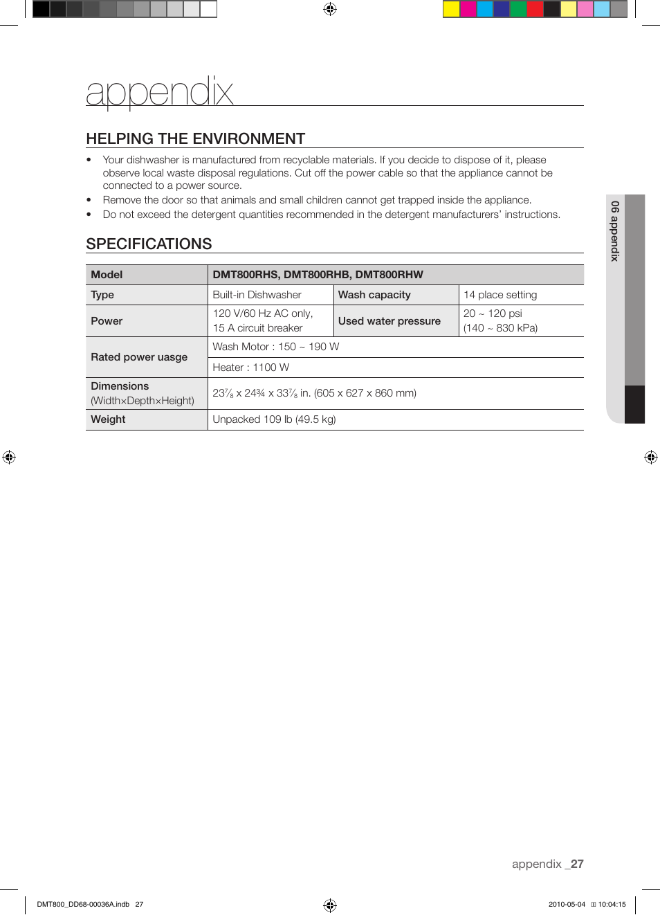 Appendix, Helping the environment, Specifications | Samsung DMT800RHS User Manual | Page 27 / 32
