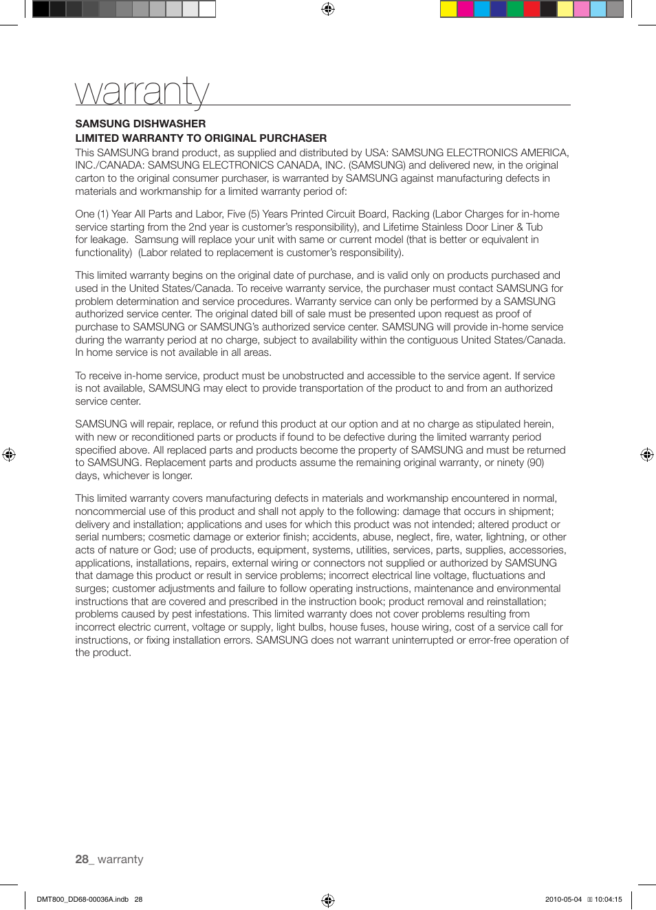 Warranty | Samsung DMT800RHS User Manual | Page 28 / 32
