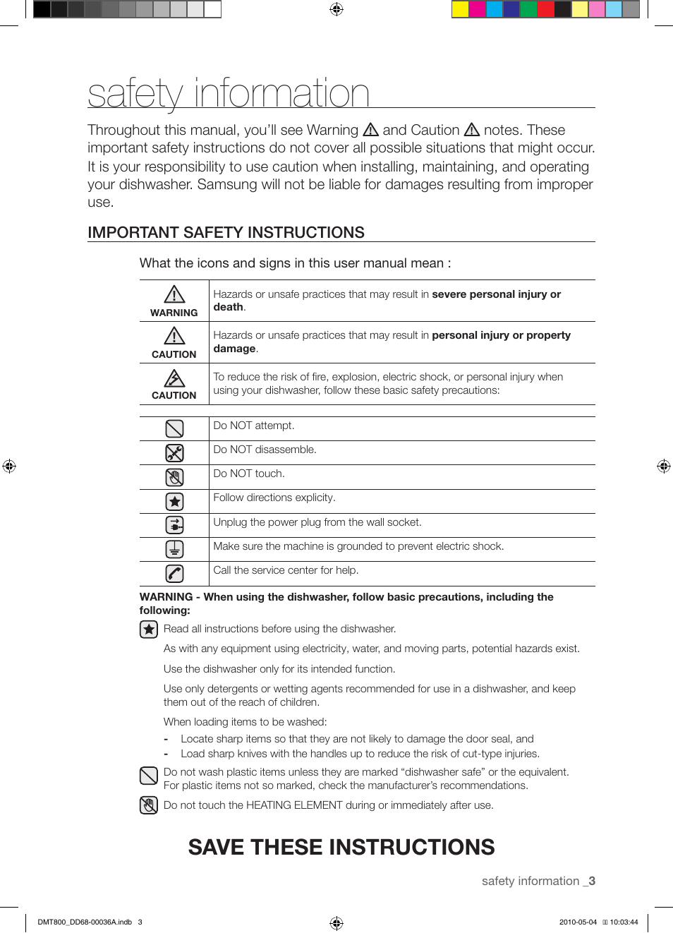 Safety information, Save these instructions, Important safety instructions | Samsung DMT800RHS User Manual | Page 3 / 32