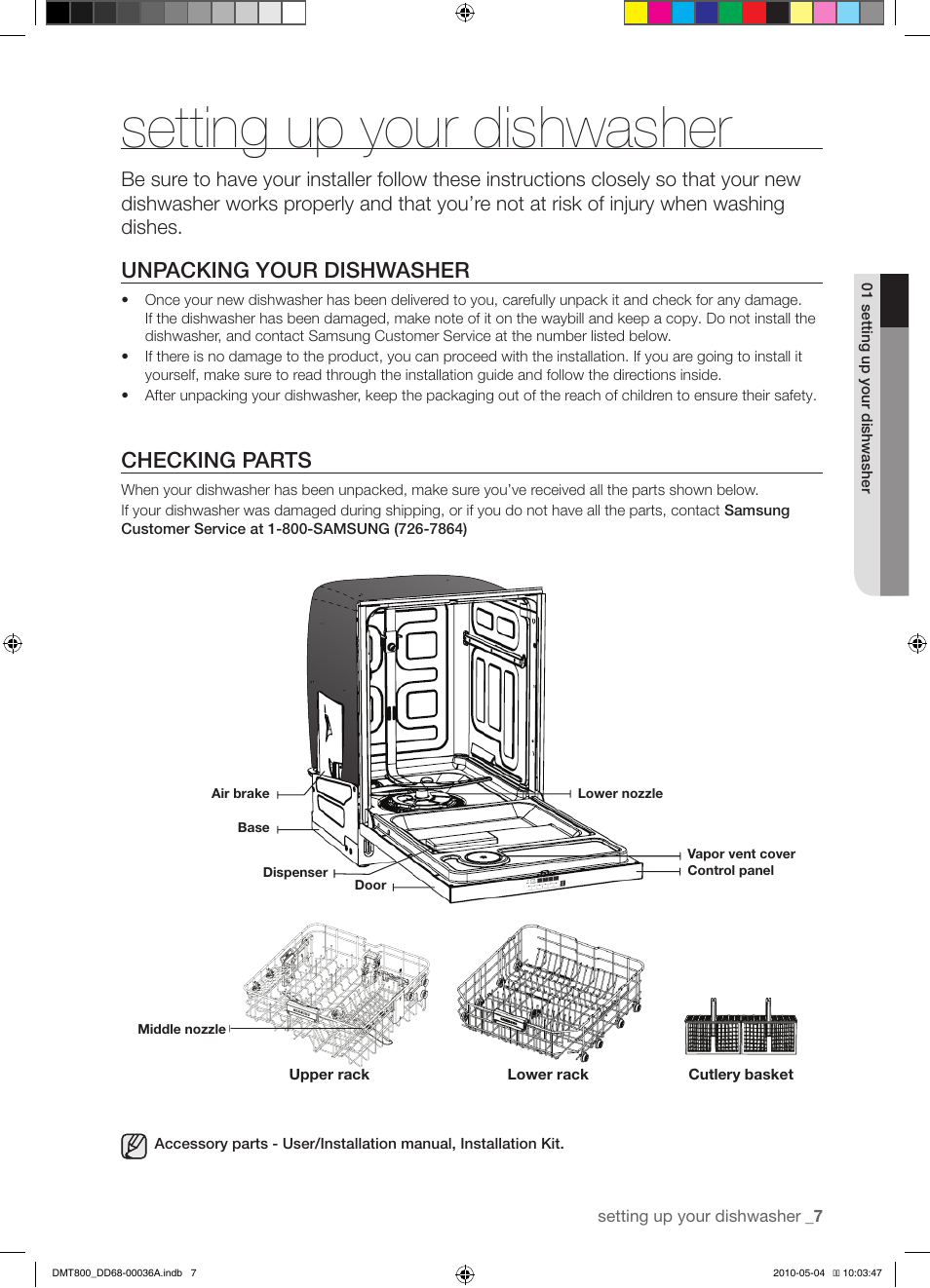 Setting up your dishwasher, Unpacking your dishwasher, Checking parts | Samsung DMT800RHS User Manual | Page 7 / 32