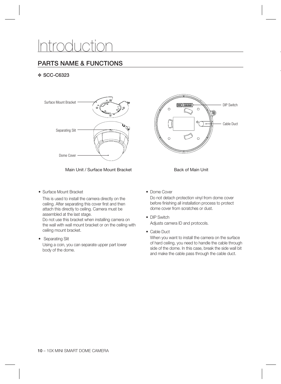 Introduction, Parts name & functions | Samsung MINI SMART SCC-C7325 User Manual | Page 10 / 43