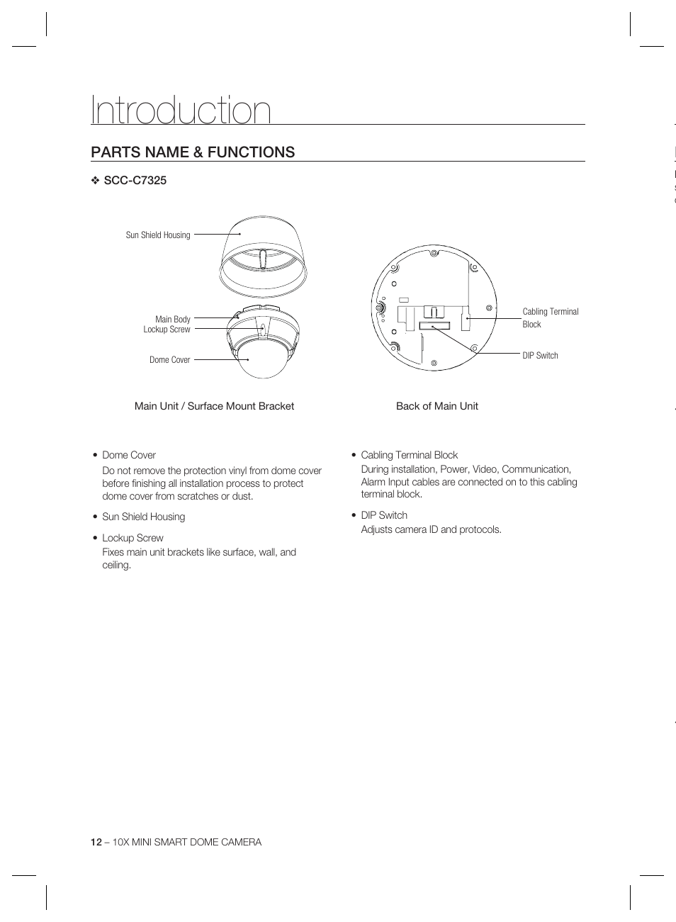 Introduction, Parts name & functions | Samsung MINI SMART SCC-C7325 User Manual | Page 12 / 43