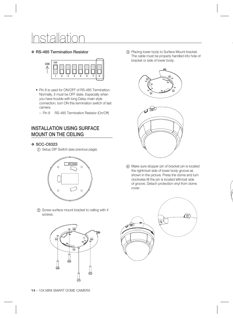 Installation, Installation using surface mount on the ceiling | Samsung MINI SMART SCC-C7325 User Manual | Page 14 / 43