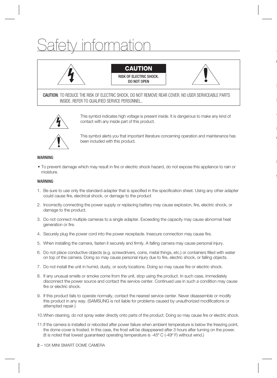 Safety information, Caution | Samsung MINI SMART SCC-C7325 User Manual | Page 2 / 43