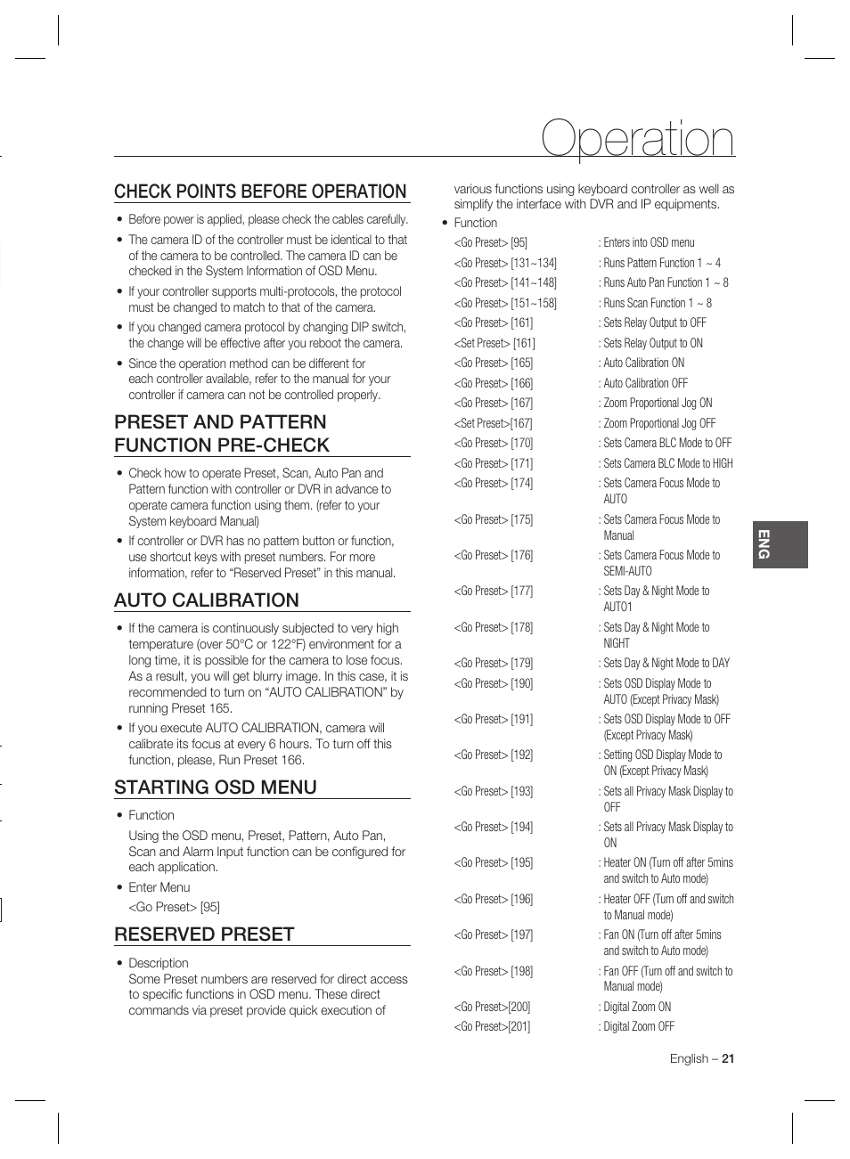Operation, Check points before operation, Preset and pattern function pre-check | Auto calibration, Starting osd menu, Reserved preset | Samsung MINI SMART SCC-C7325 User Manual | Page 21 / 43