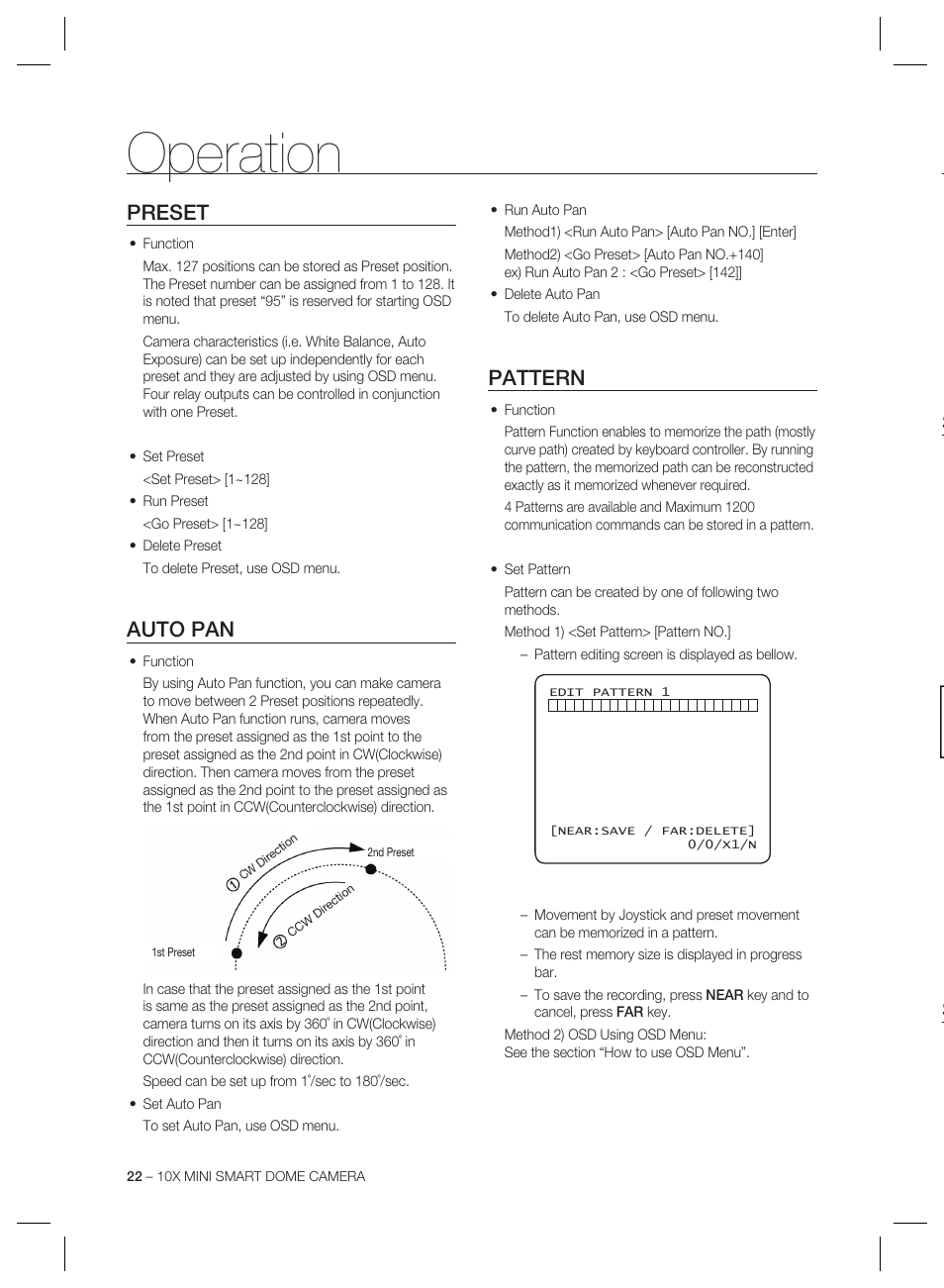 Operation, Preset, Auto pan | Pattern | Samsung MINI SMART SCC-C7325 User Manual | Page 22 / 43