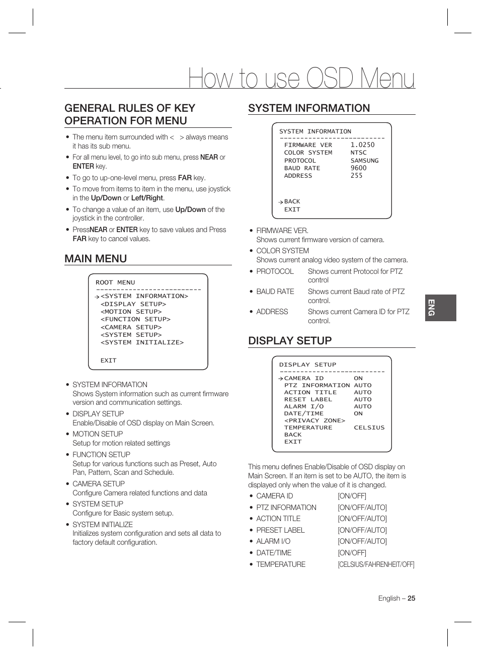 How to use osd menu, General rules of key operation for menu, Main menu | System information, Display setup | Samsung MINI SMART SCC-C7325 User Manual | Page 25 / 43