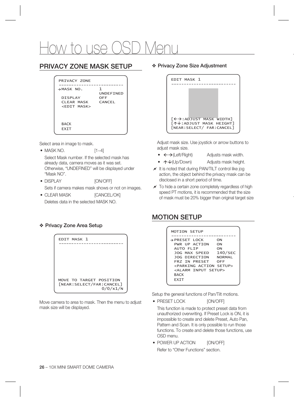 How to use osd menu, Privacy zone mask setup, Motion setup | Samsung MINI SMART SCC-C7325 User Manual | Page 26 / 43