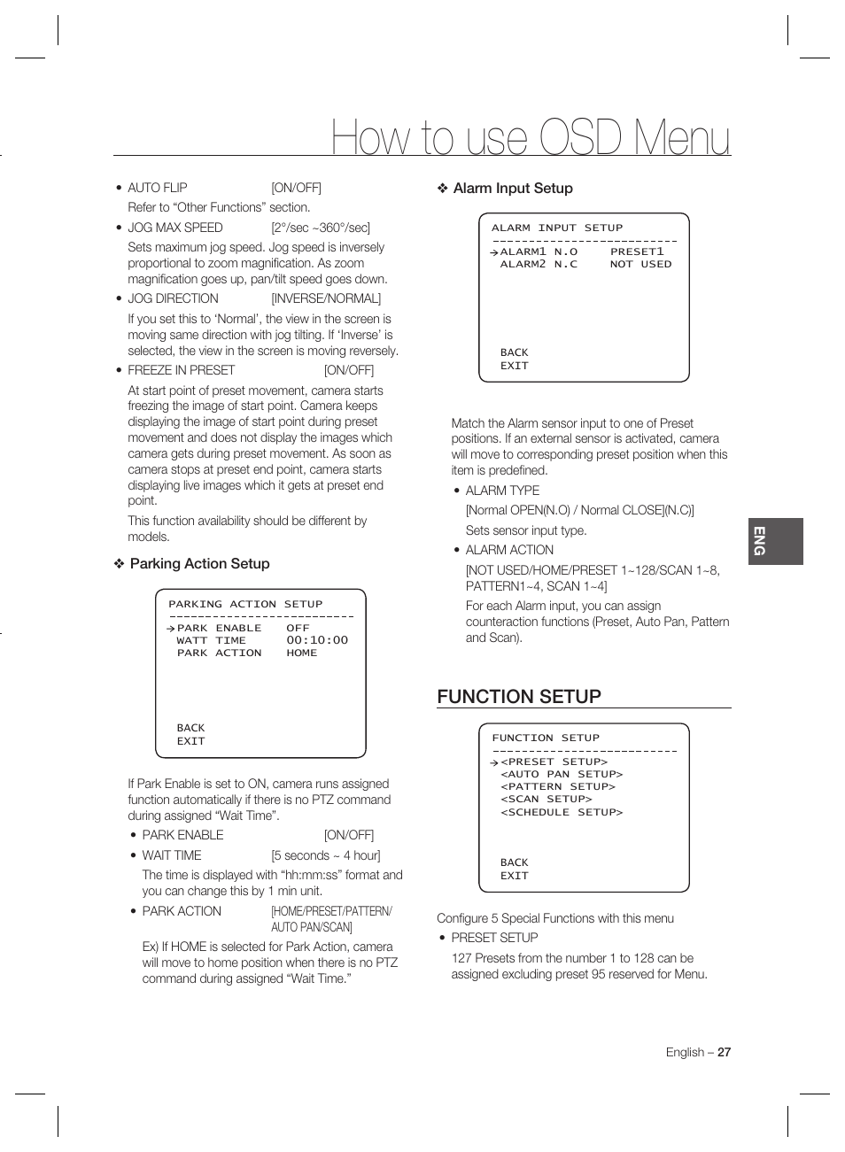 How to use osd menu, Function setup | Samsung MINI SMART SCC-C7325 User Manual | Page 27 / 43
