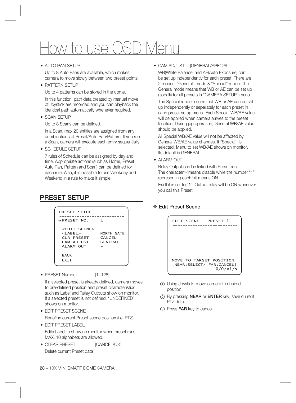 How to use osd menu, Preset setup | Samsung MINI SMART SCC-C7325 User Manual | Page 28 / 43