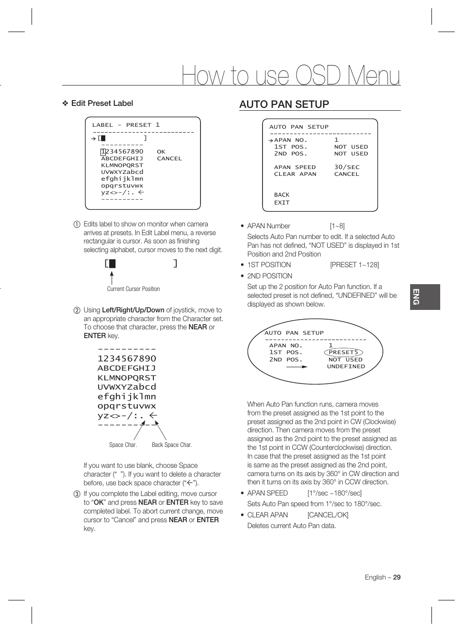 How to use osd menu, Auto pan setup | Samsung MINI SMART SCC-C7325 User Manual | Page 29 / 43
