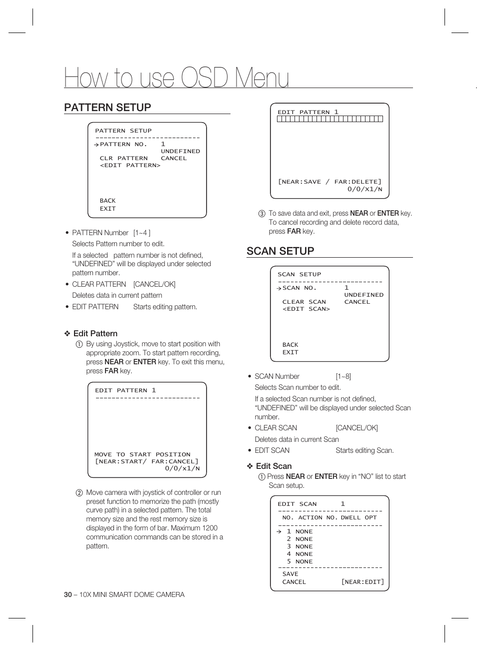 How to use osd menu, Pattern setup, Scan setup | Samsung MINI SMART SCC-C7325 User Manual | Page 30 / 43