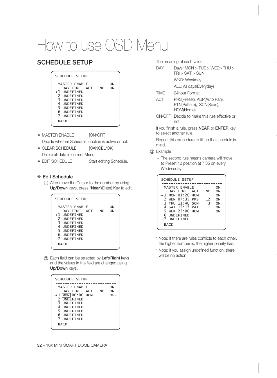 How to use osd menu, Schedule setup | Samsung MINI SMART SCC-C7325 User Manual | Page 32 / 43
