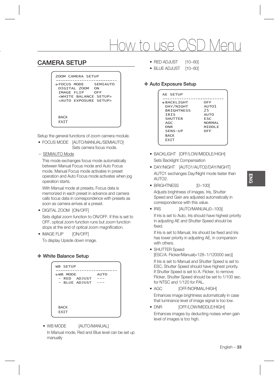 How to use osd menu, Camera setup | Samsung MINI SMART SCC-C7325 User Manual | Page 33 / 43