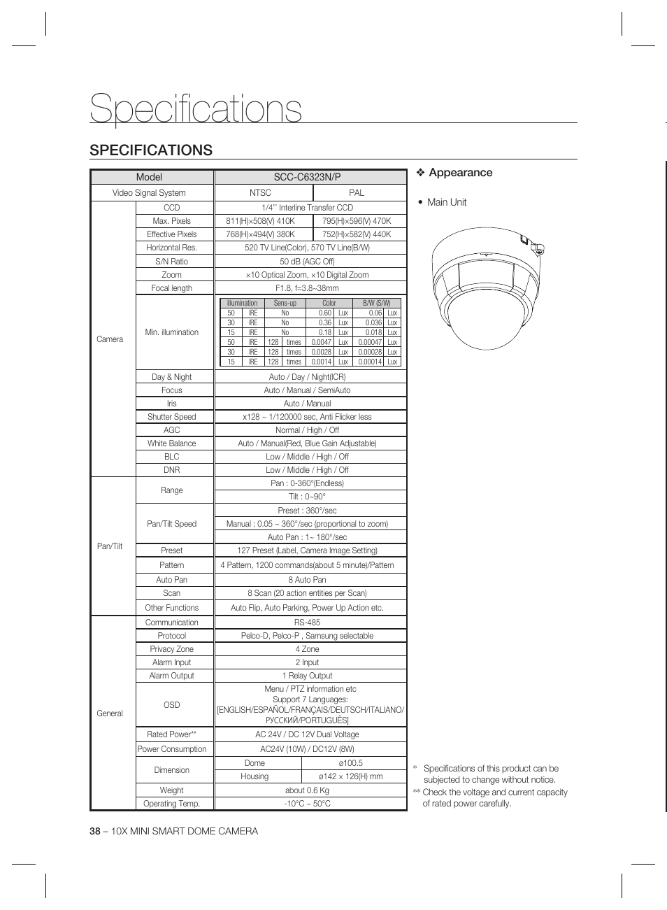 Specifi cations, Specifications, Appearance | Samsung MINI SMART SCC-C7325 User Manual | Page 38 / 43