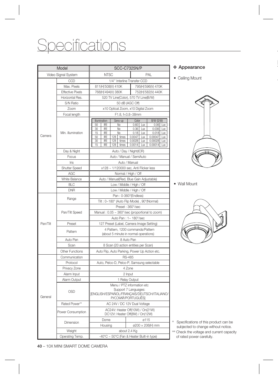 Specifi cations, Appearance | Samsung MINI SMART SCC-C7325 User Manual | Page 40 / 43