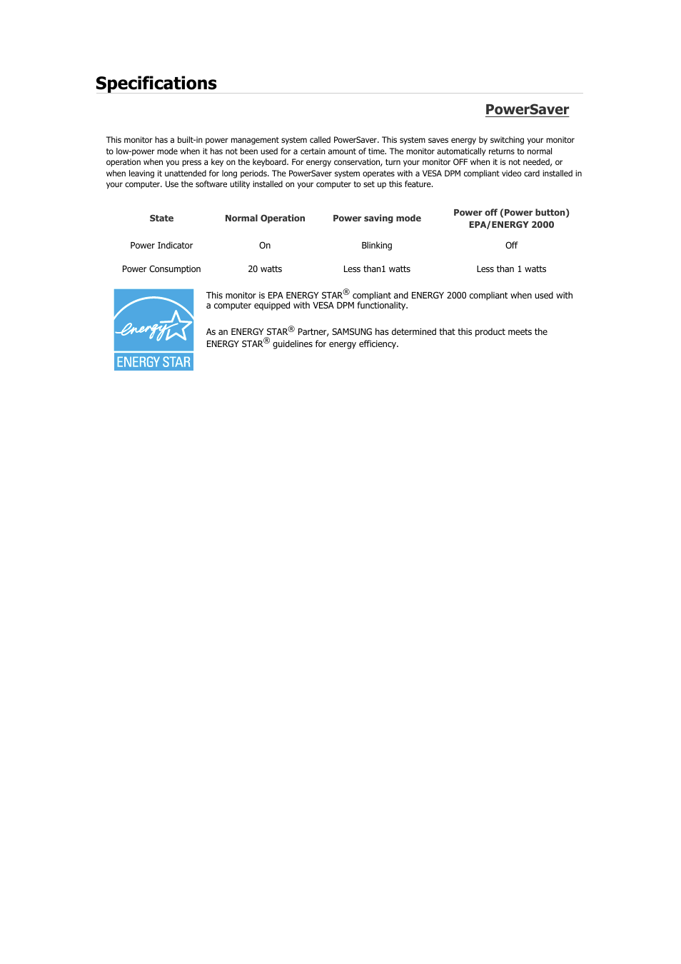 Specifications, Powersaver | Samsung 2243QW User Manual | Page 100 / 564