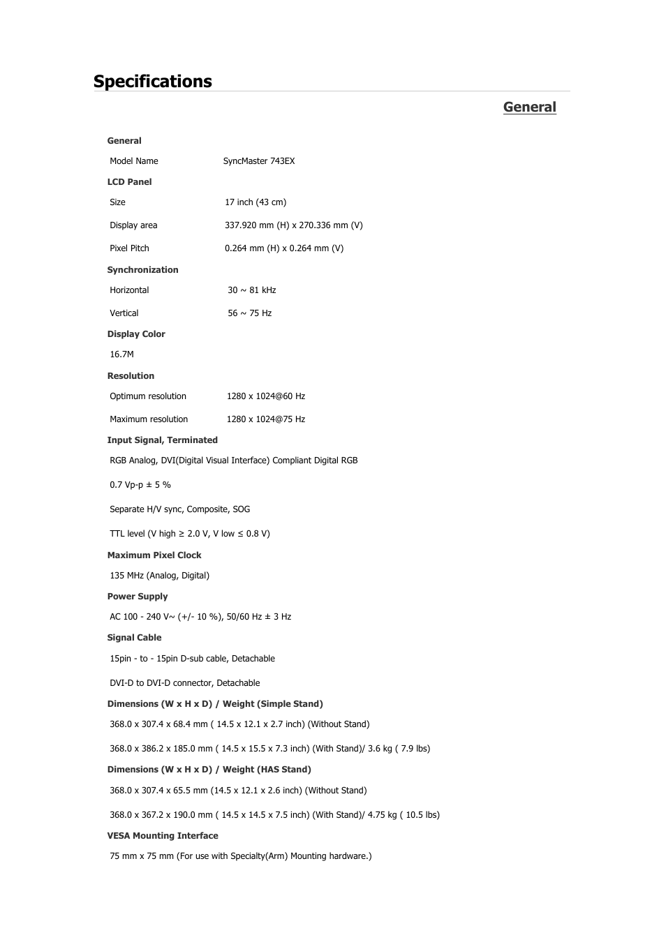 Syncmaster 743ex, Specifications, General | Samsung 2243QW User Manual | Page 102 / 564