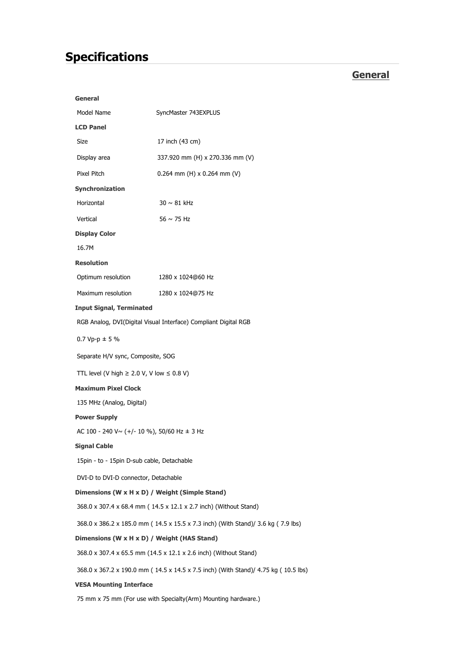 Syncmaster 743explus, Specifications, General | Samsung 2243QW User Manual | Page 106 / 564