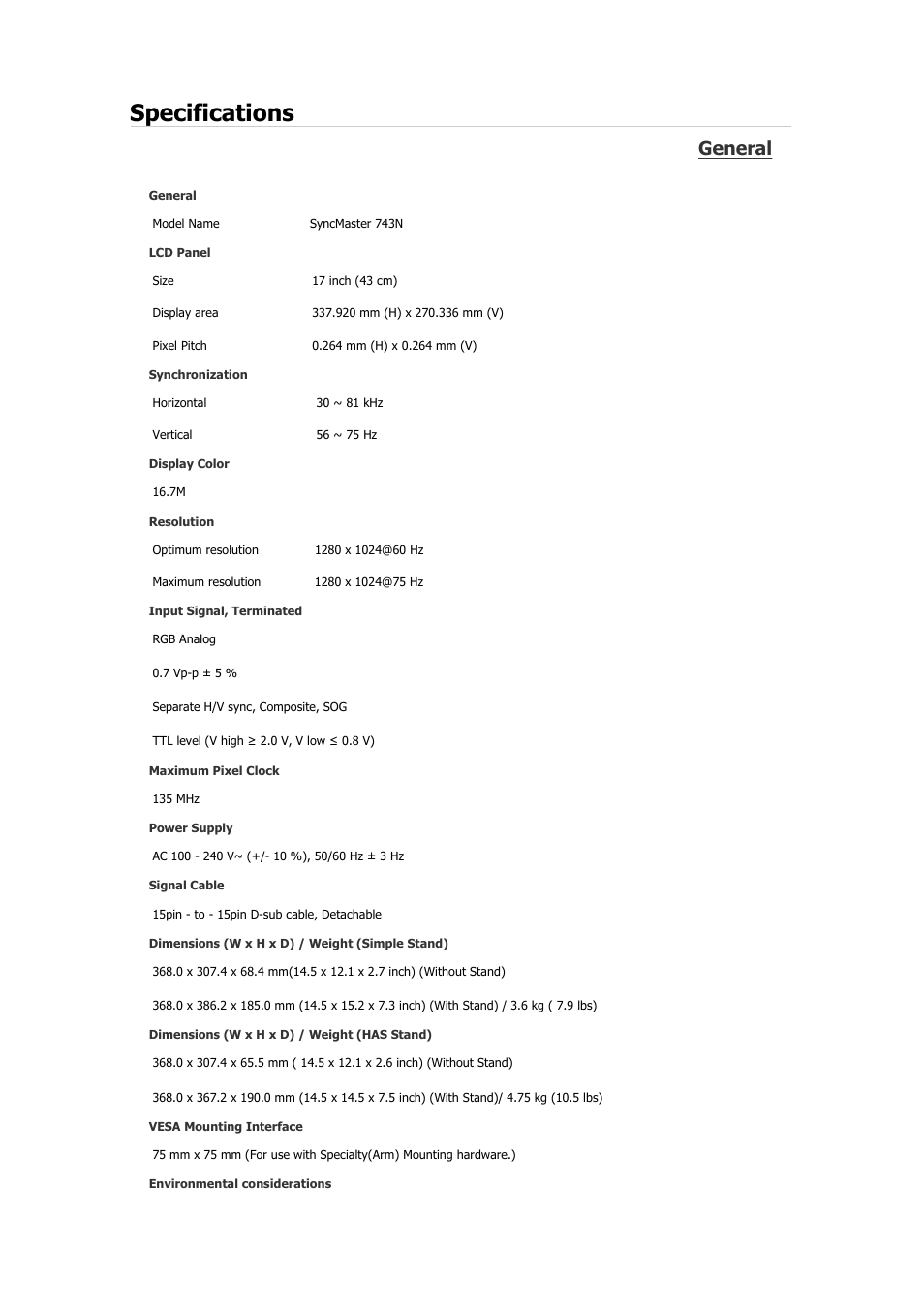 Syncmaster 743n, Specifications, General | Samsung 2243QW User Manual | Page 110 / 564