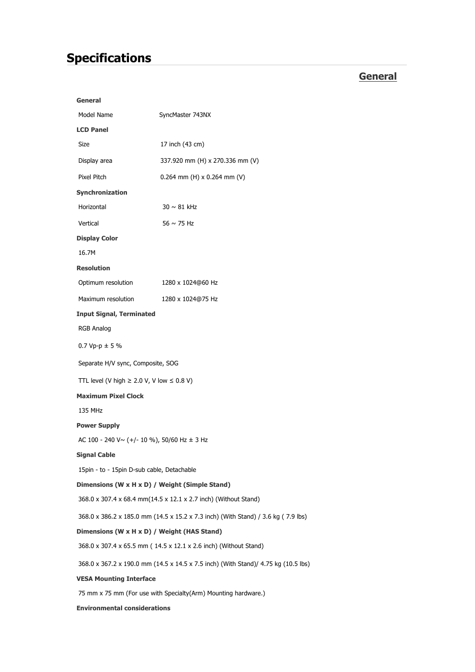 Syncmaster 743nx, Specifications, General | Samsung 2243QW User Manual | Page 118 / 564