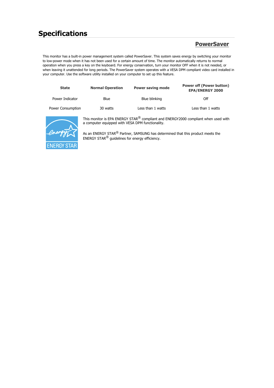 Specifications, Powersaver | Samsung 2243QW User Manual | Page 124 / 564