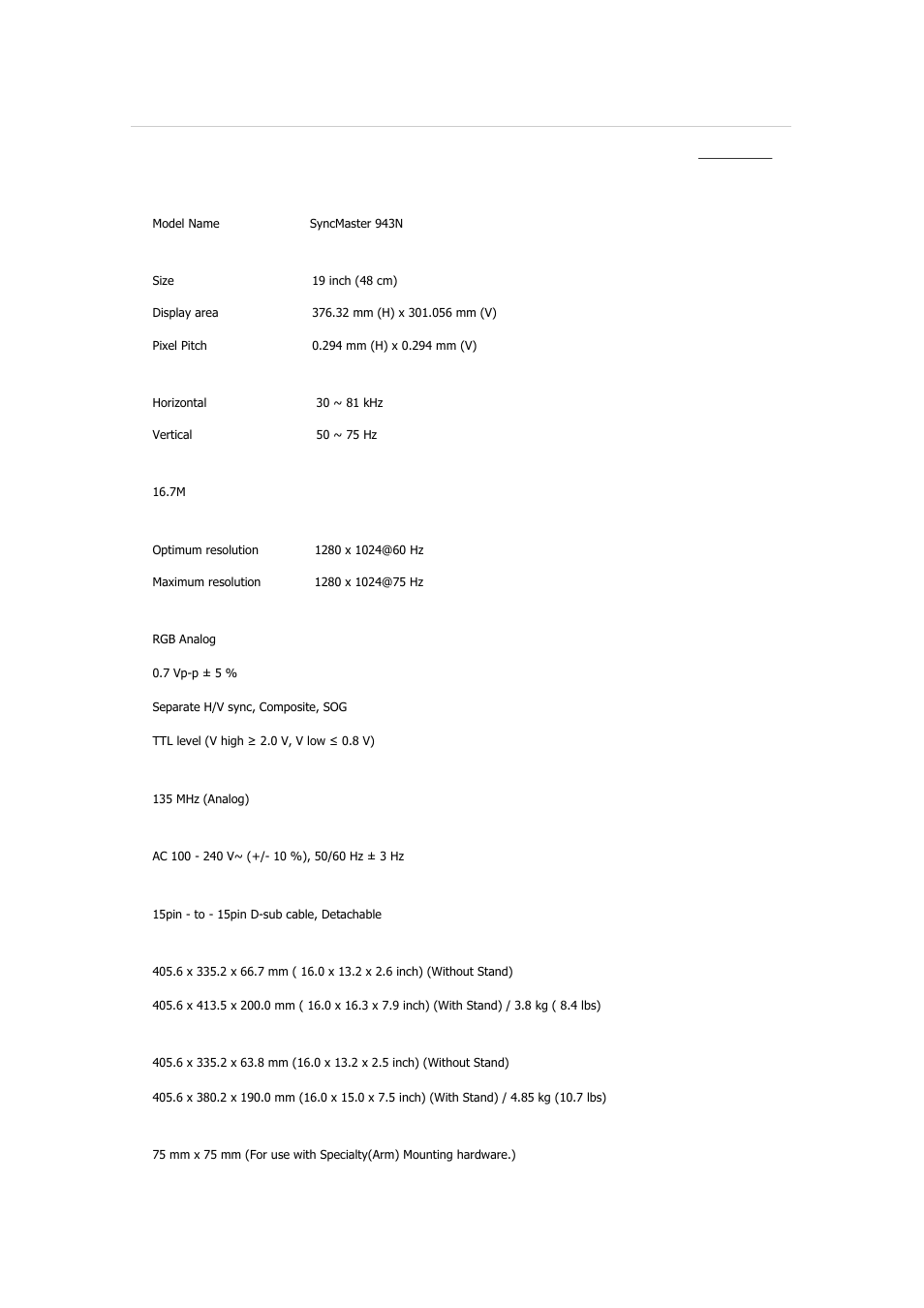 Syncmaster 943n, Specifications, General | Samsung 2243QW User Manual | Page 126 / 564