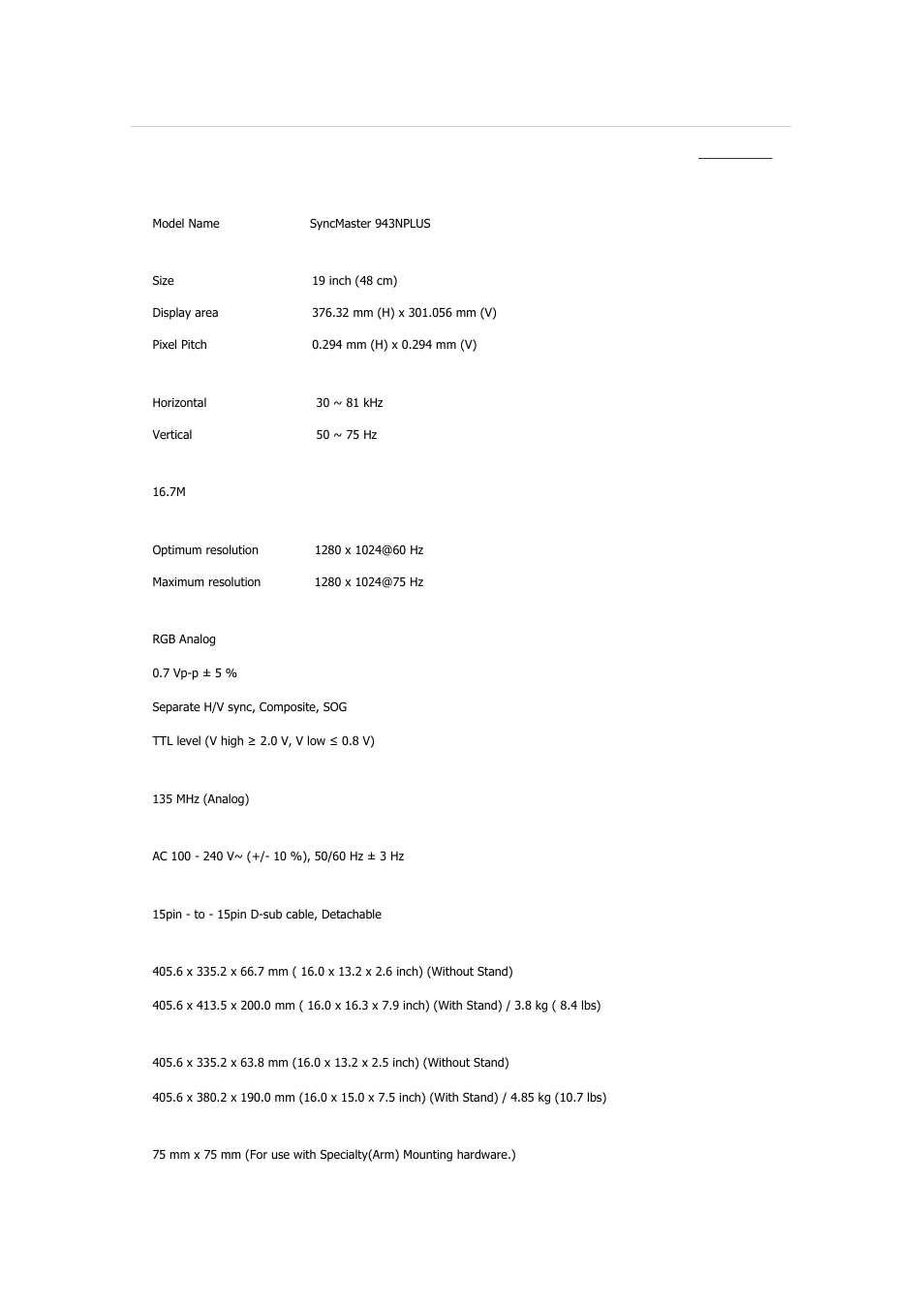 Syncmaster 943nplus, Specifications, General | Samsung 2243QW User Manual | Page 130 / 564