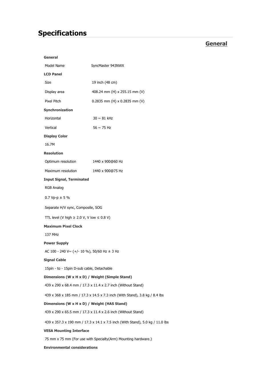 Syncmaster 943nwx, Specifications, General | Samsung 2243QW User Manual | Page 142 / 564