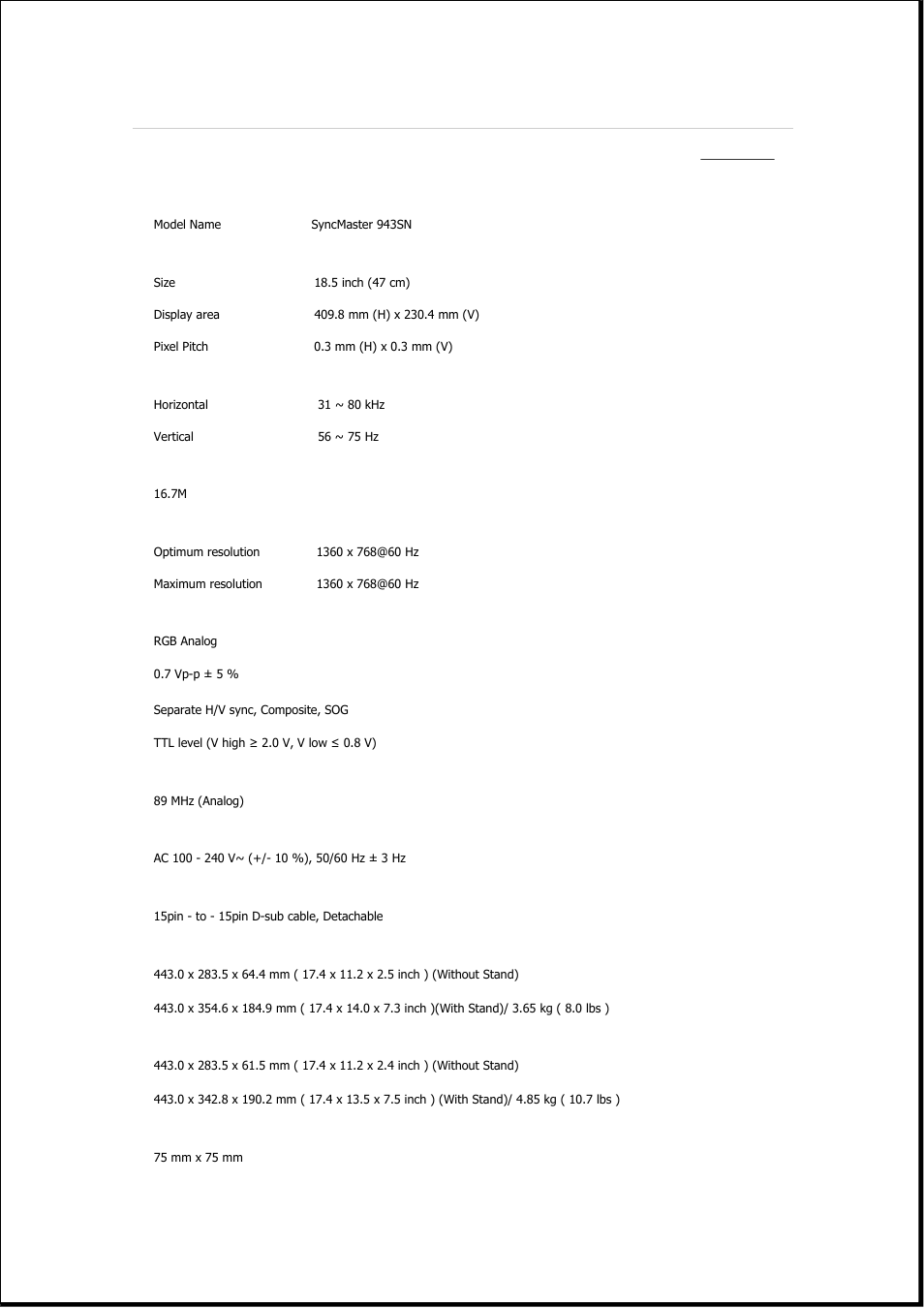Syncmaster 943sn, Specifications, General | Samsung 2243QW User Manual | Page 158 / 564