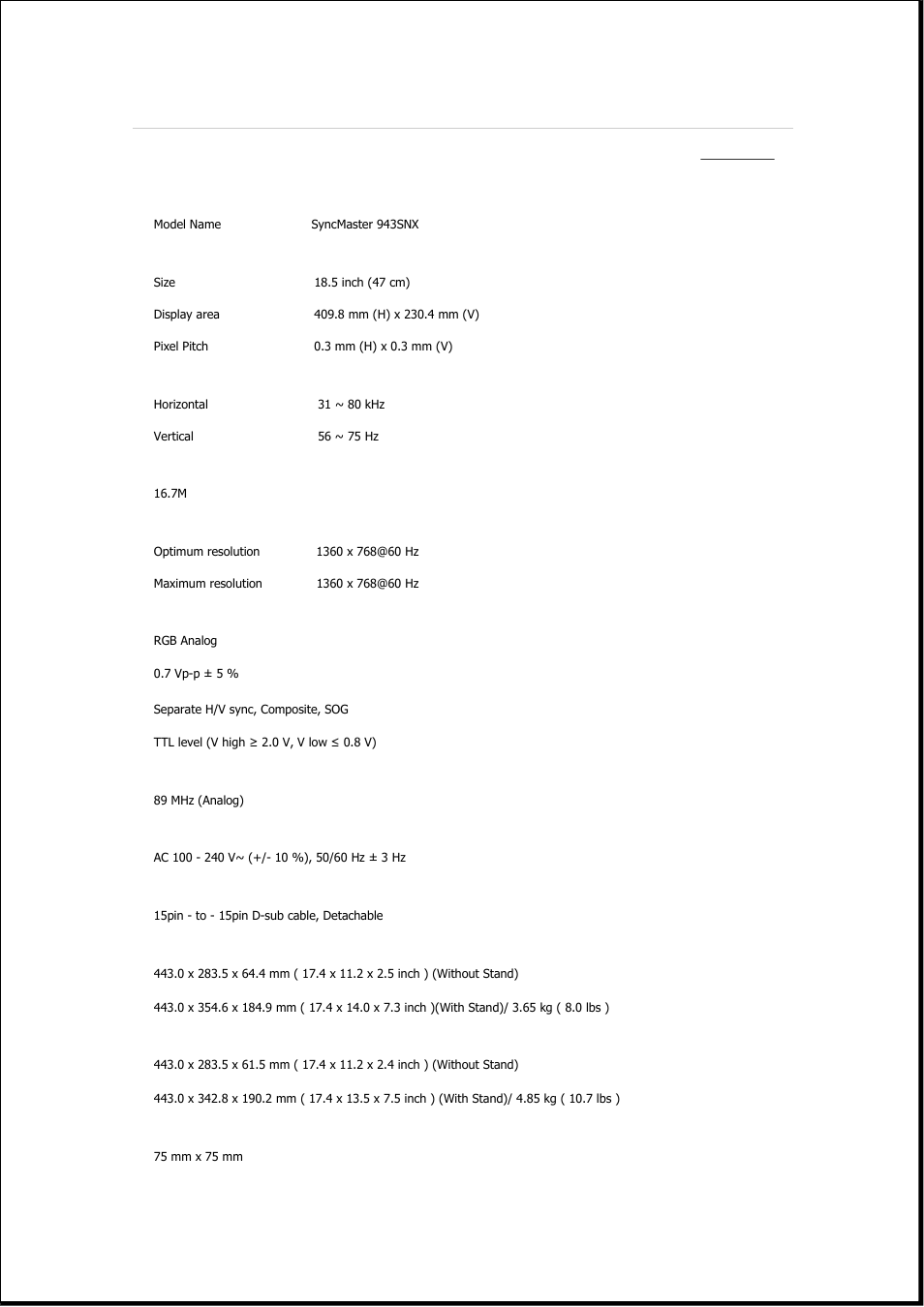Syncmaster 943snx, Specifications, General | Samsung 2243QW User Manual | Page 166 / 564