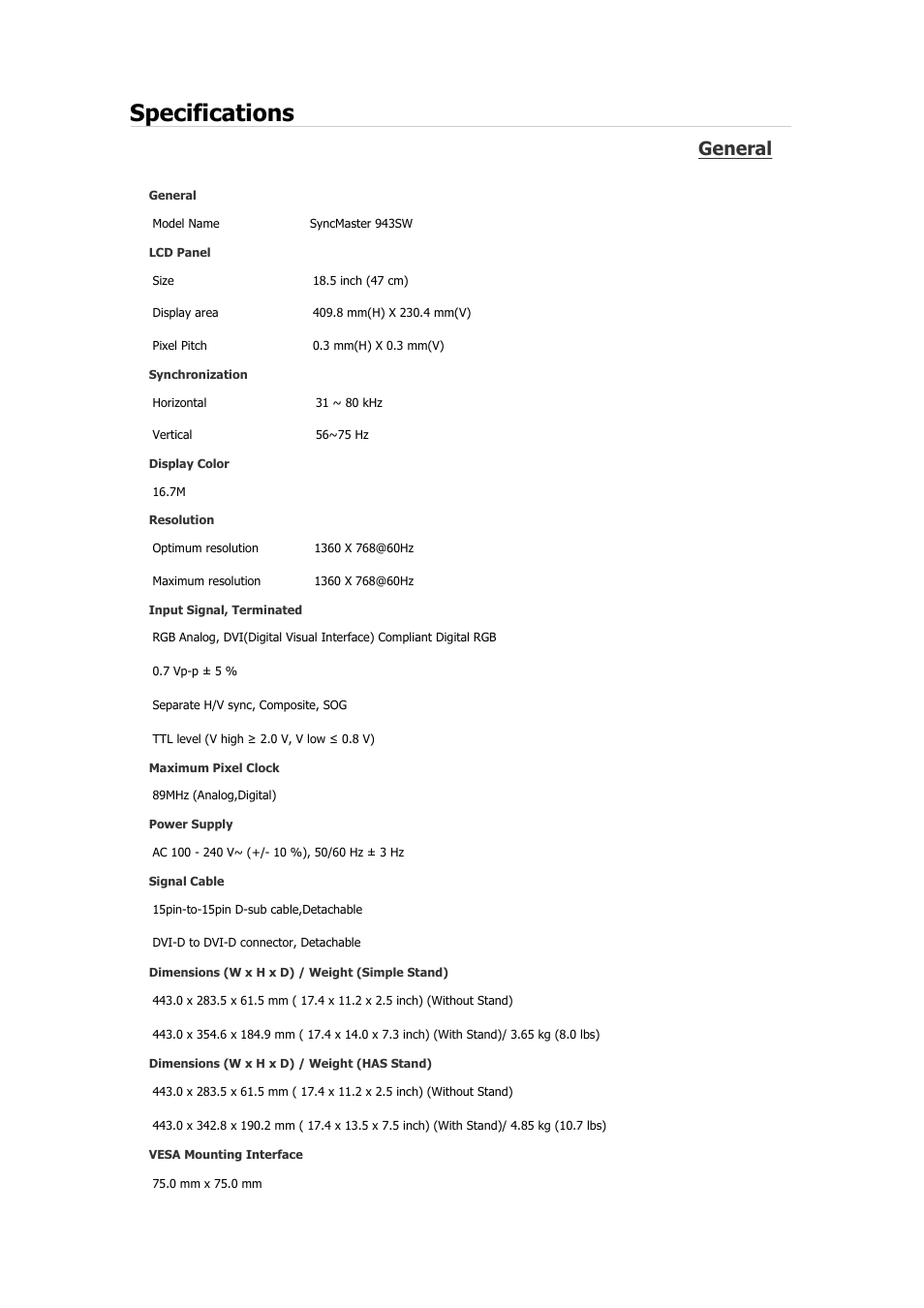 Syncmaster 943sw, Specifications, General | Samsung 2243QW User Manual | Page 174 / 564