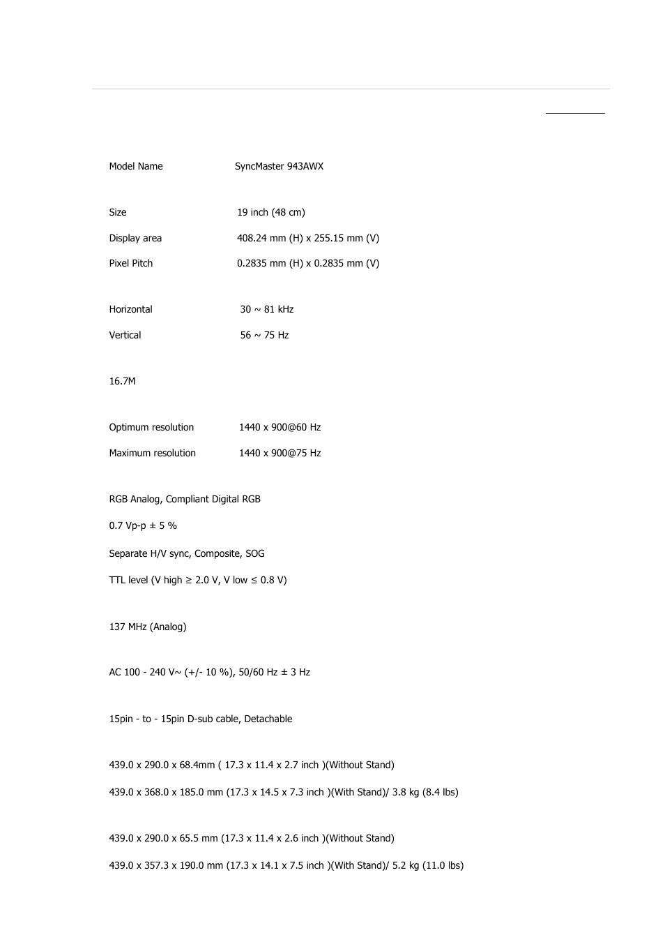 Syncmaster 943awx, Specifications, General | Samsung 2243QW User Manual | Page 199 / 564