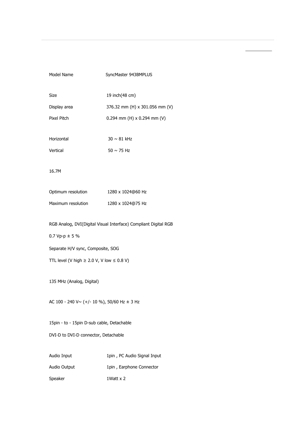 Syncmaster 943bmplus, Specifications, General | Samsung 2243QW User Manual | Page 212 / 564