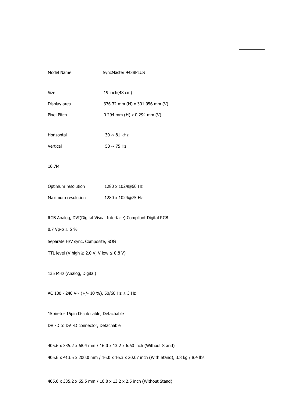 Syncmaster 943bplus, Specifications, General | Samsung 2243QW User Manual | Page 224 / 564