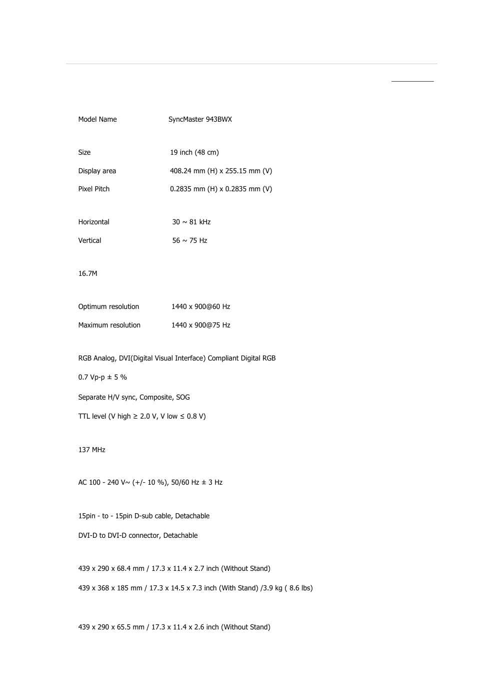 Syncmaster 943bwx, Specifications, General | Samsung 2243QW User Manual | Page 251 / 564