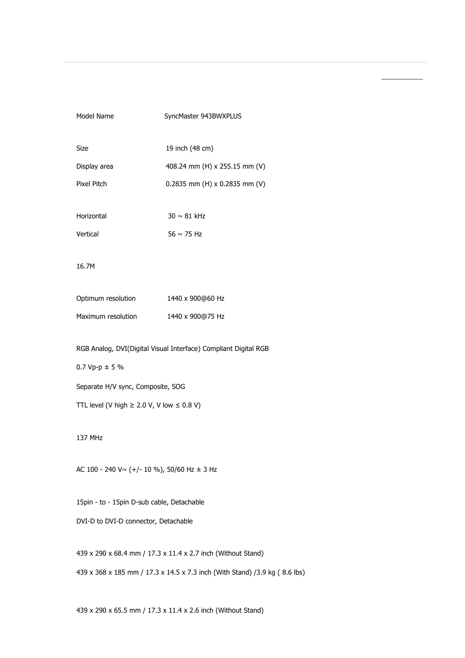 Syncmaster 943bwxplus, Specifications, General | Samsung 2243QW User Manual | Page 256 / 564