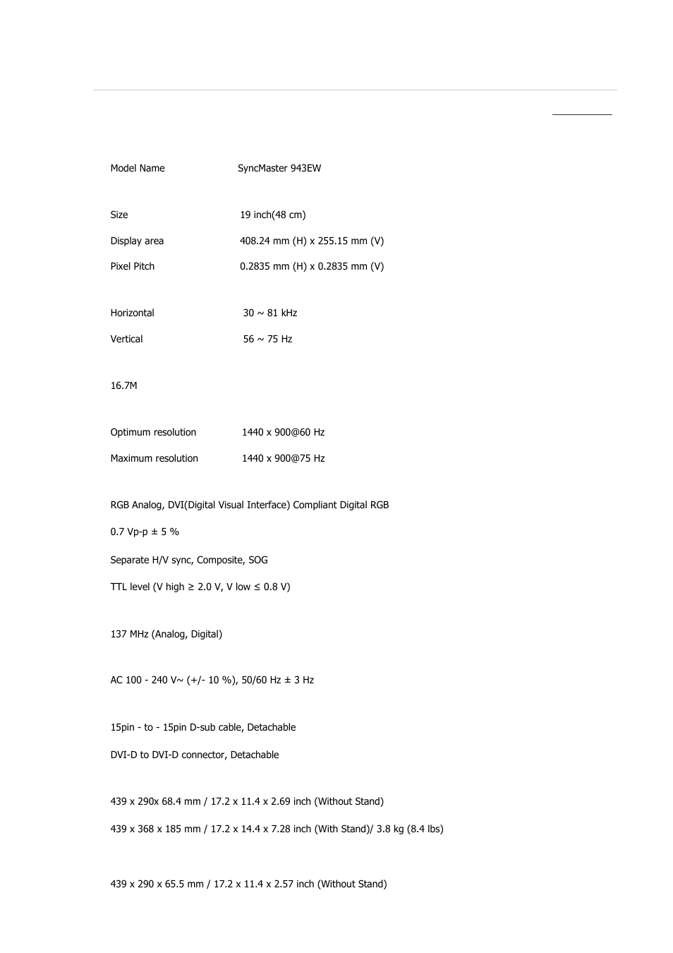 Syncmaster 943ew, Specifications, General | Samsung 2243QW User Manual | Page 269 / 564