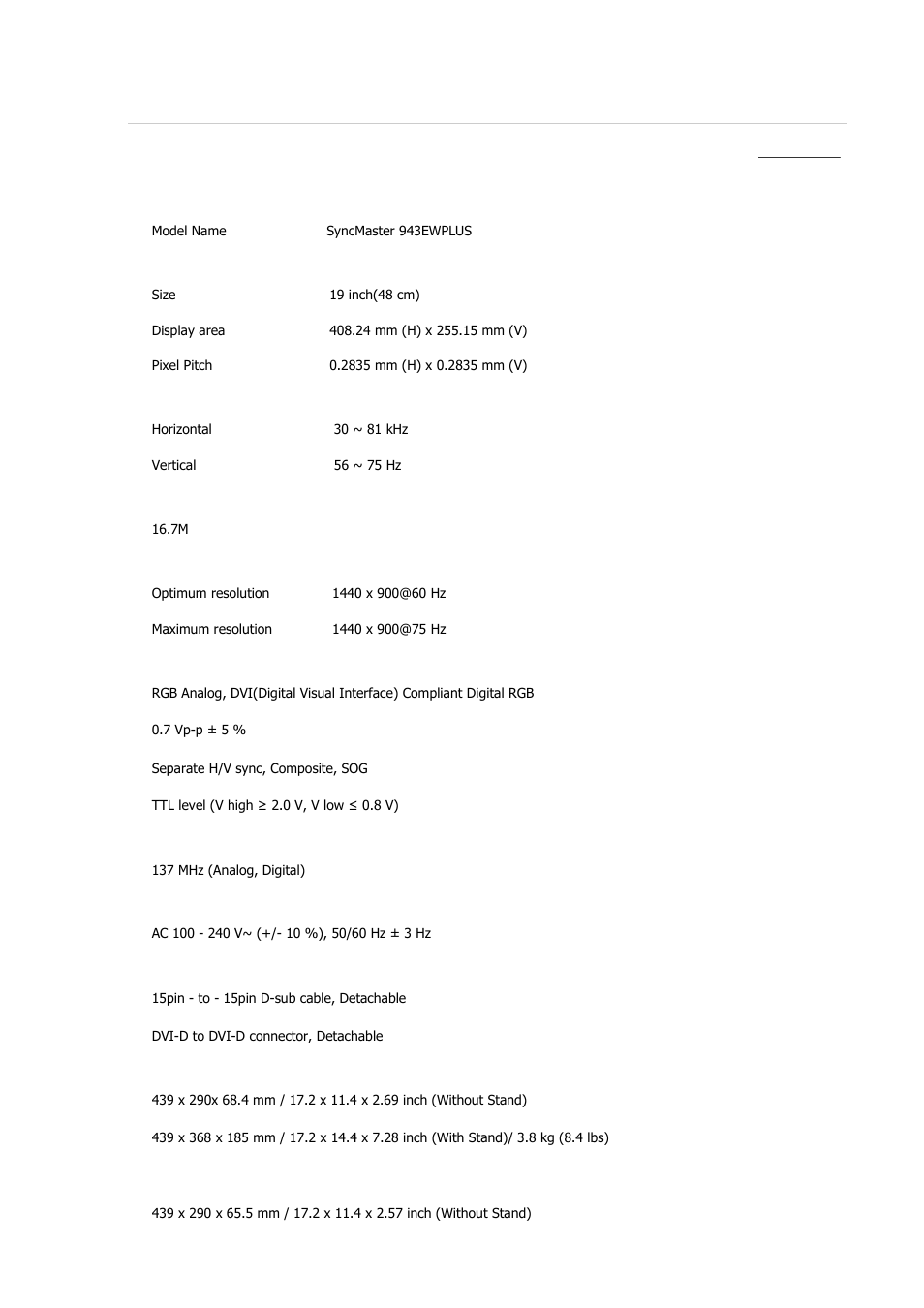 Syncmaster 943ewplus, Specifications, General | Samsung 2243QW User Manual | Page 274 / 564