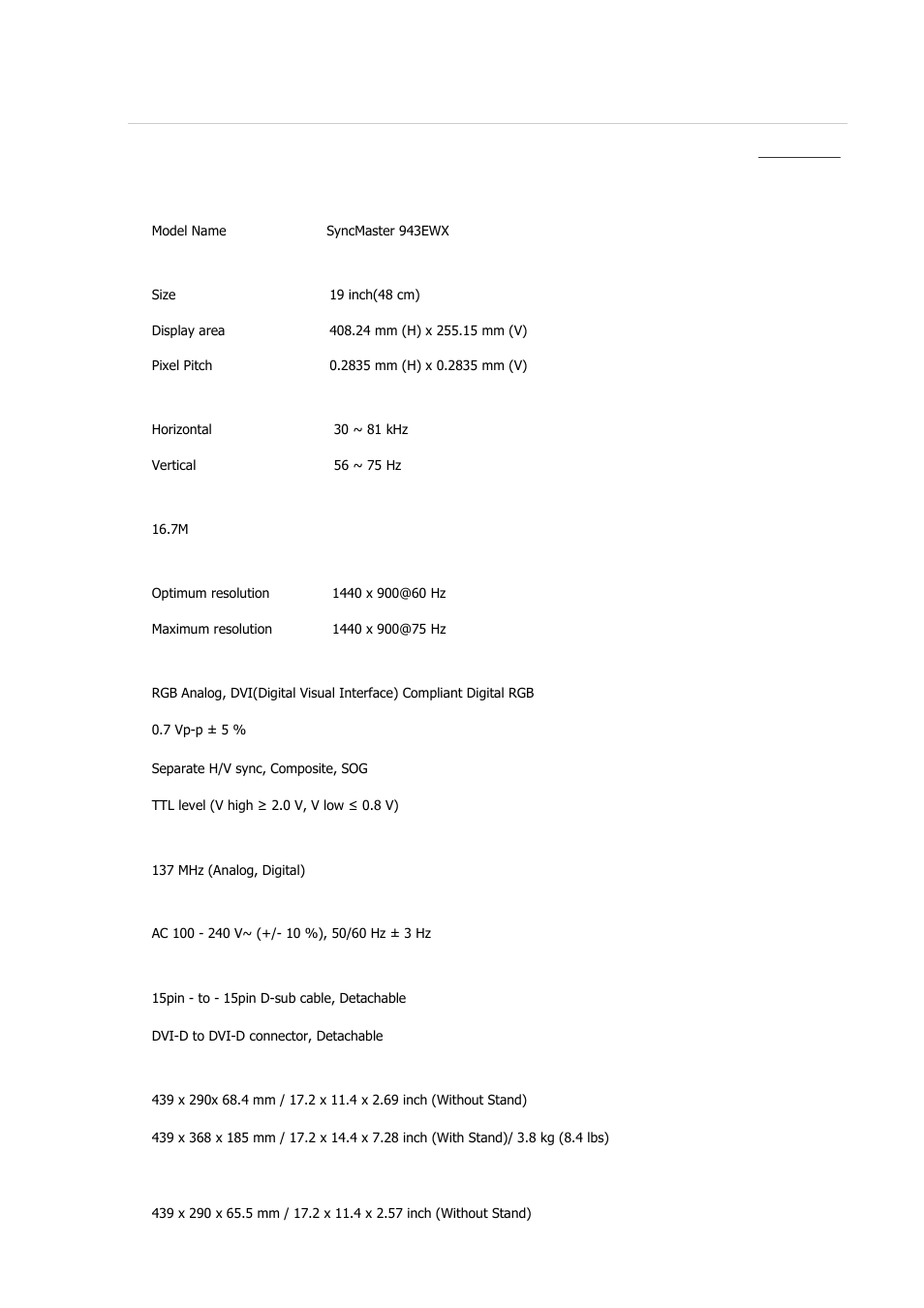 Syncmaster 943ewx, Specifications, General | Samsung 2243QW User Manual | Page 279 / 564