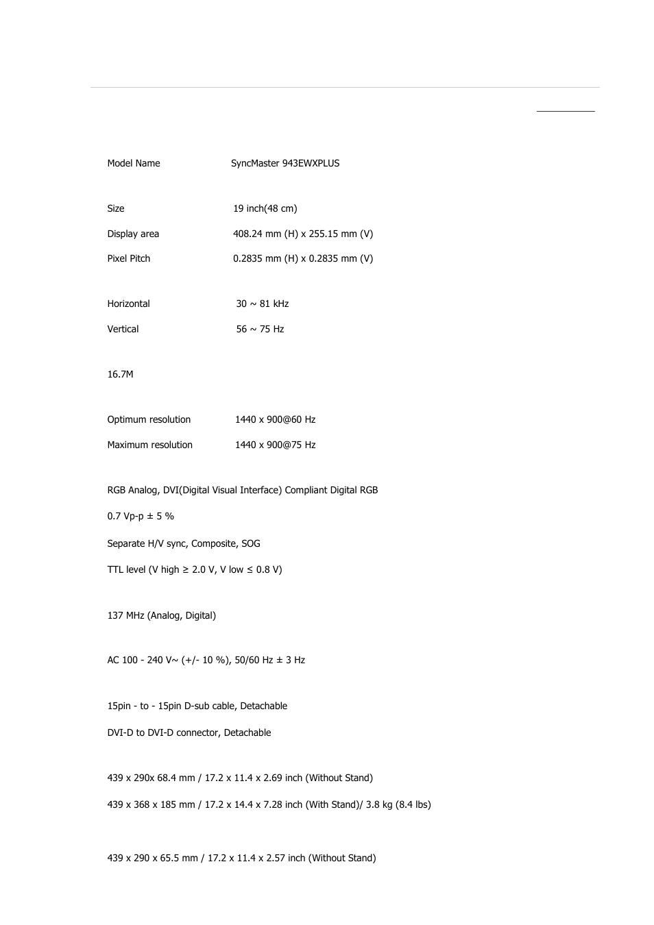 Syncmaster 943ewxplus, Specifications, General | Samsung 2243QW User Manual | Page 284 / 564