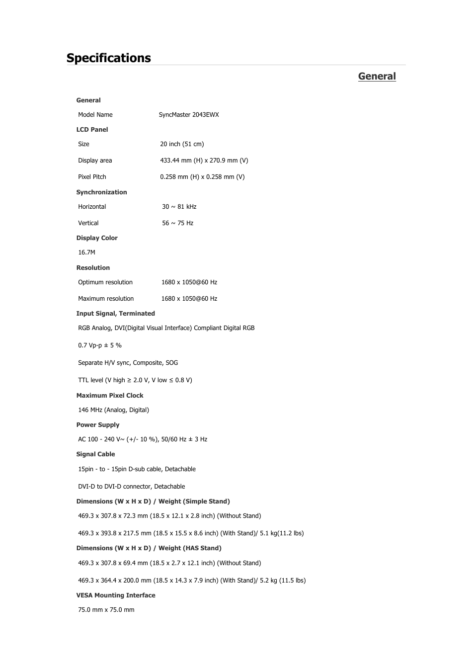 Syncmaster 2043ewx, Specifications, General | Samsung 2243QW User Manual | Page 301 / 564