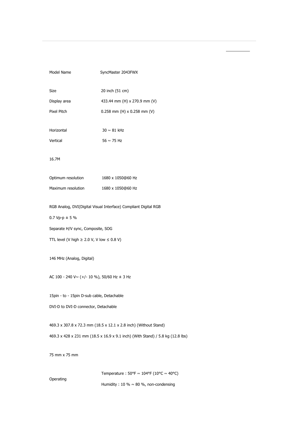 Syncmaster 2043fwx, Specifications, General | Samsung 2243QW User Manual | Page 309 / 564