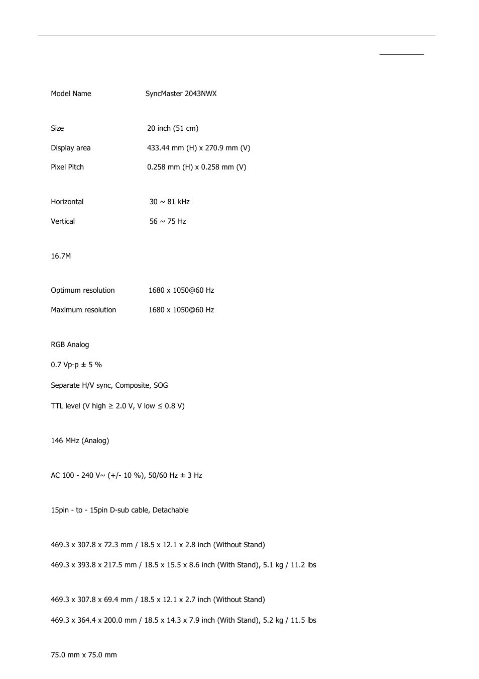 Syncmaster 2043nwx, Specifications, General | Samsung 2243QW User Manual | Page 317 / 564