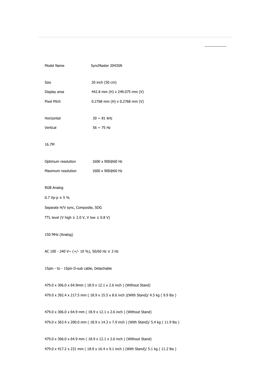 Syncmaster 2043sn, Specifications, General | Samsung 2243QW User Manual | Page 321 / 564