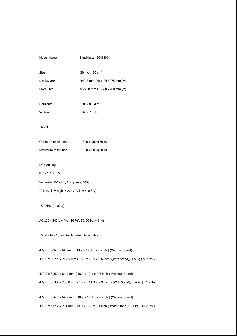 Syncmaster 2043snx, Specifications, General | Samsung 2243QW User Manual | Page 329 / 564