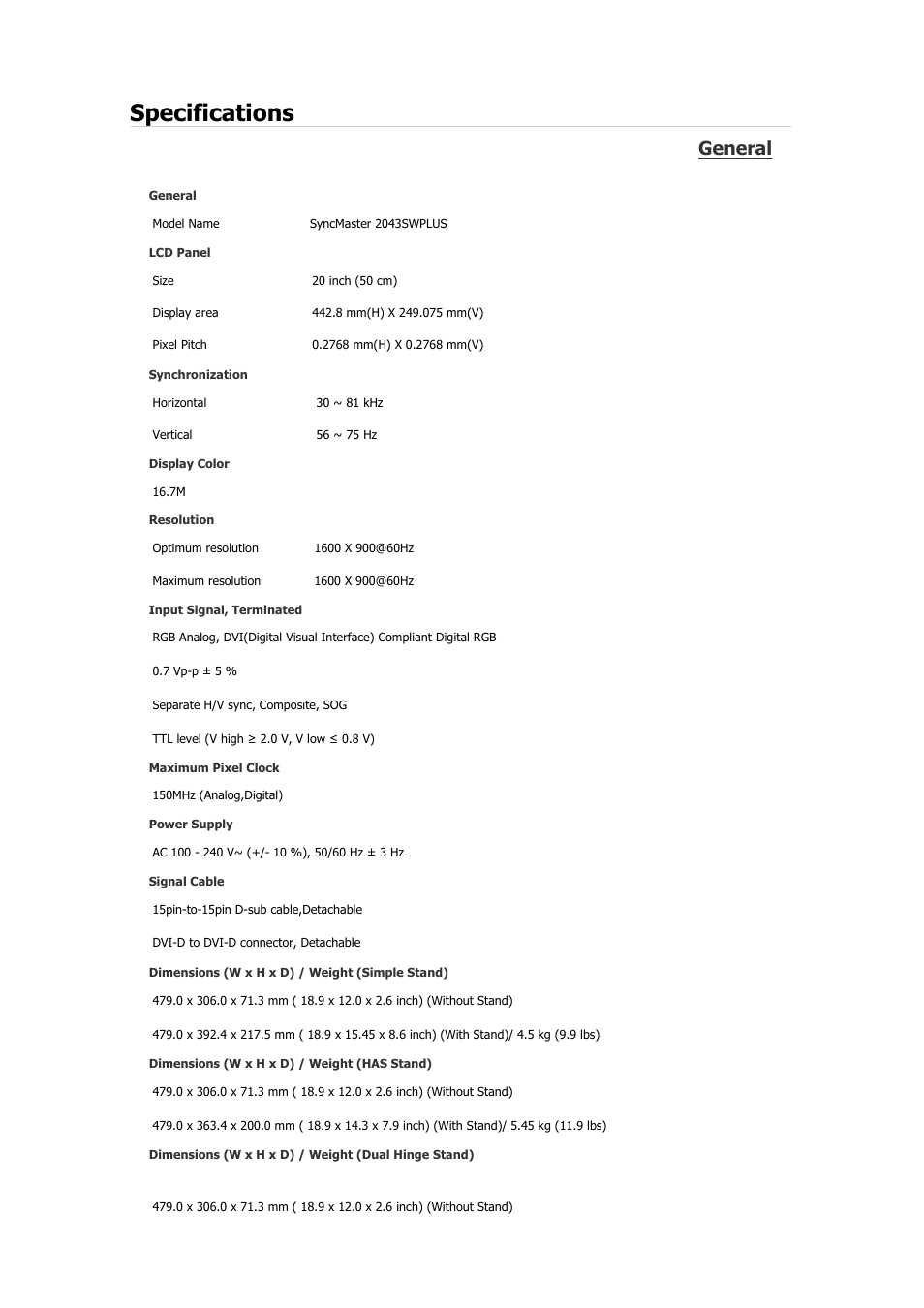 Syncmaster 2043swplus, Specifications, General | Samsung 2243QW User Manual | Page 341 / 564