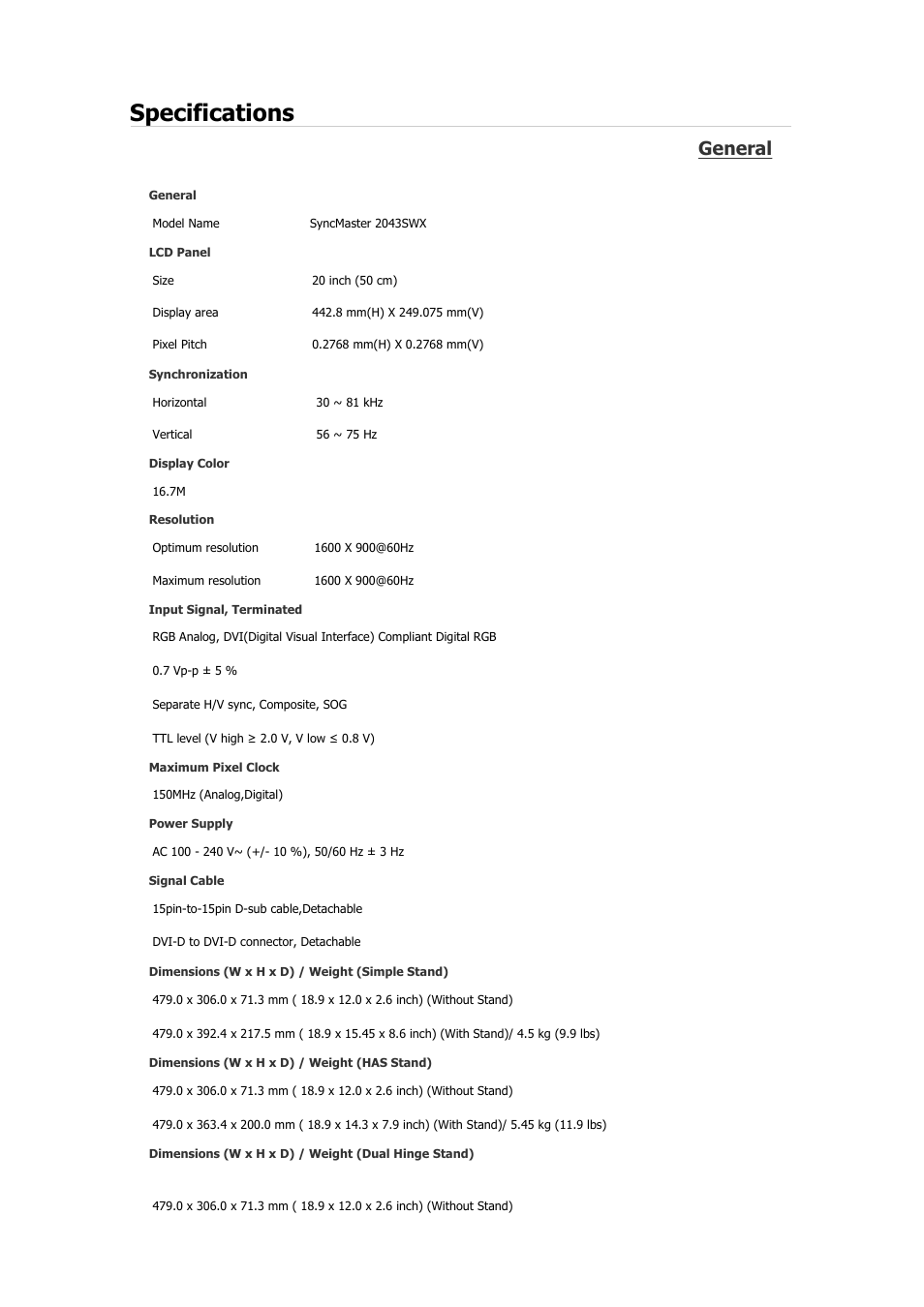 Syncmaster 2043swx, Specifications, General | Samsung 2243QW User Manual | Page 345 / 564